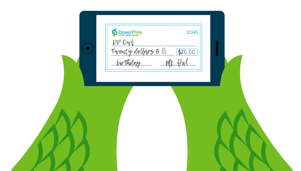 Image of DP Owl using a smartphone to make a mobile deposit.
